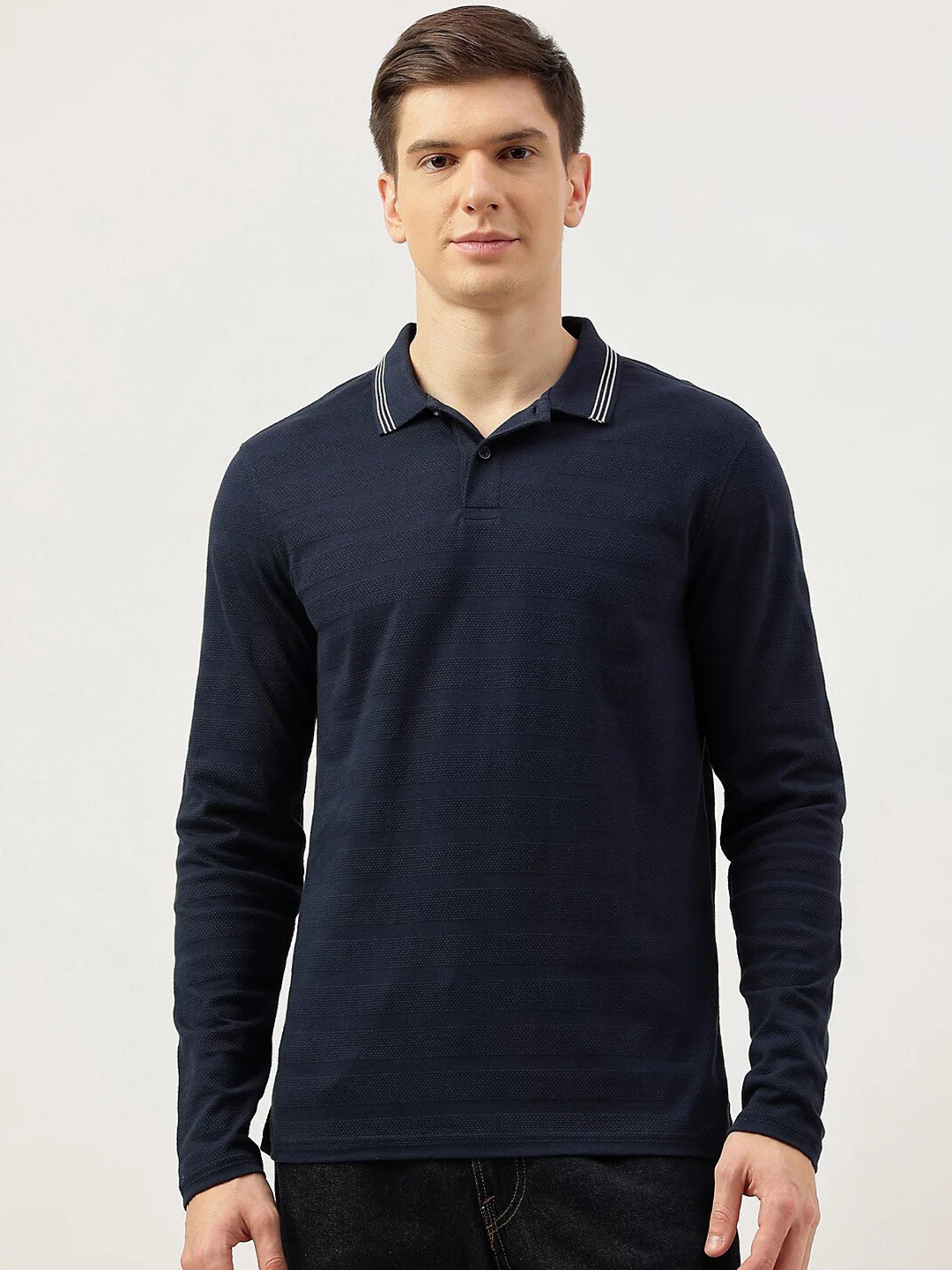 

Marks & Spencer Men Navy Blue Colourblocked Polo Collar Pockets T-shirt