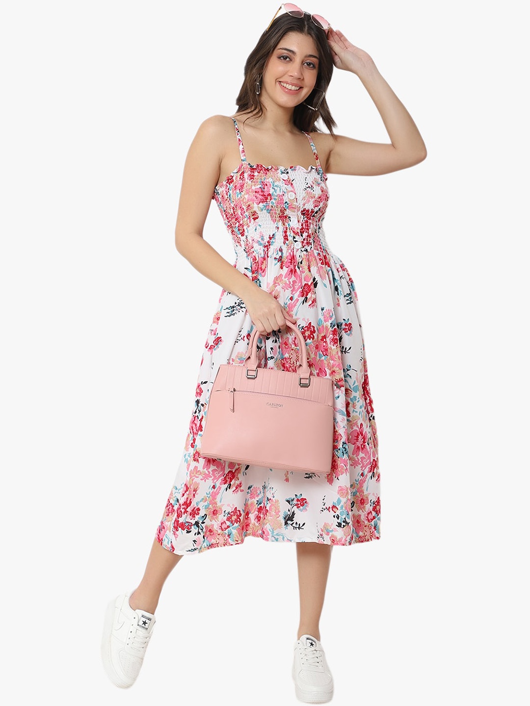 

Carlton London Pink Structured Handheld Bag with Cut Work