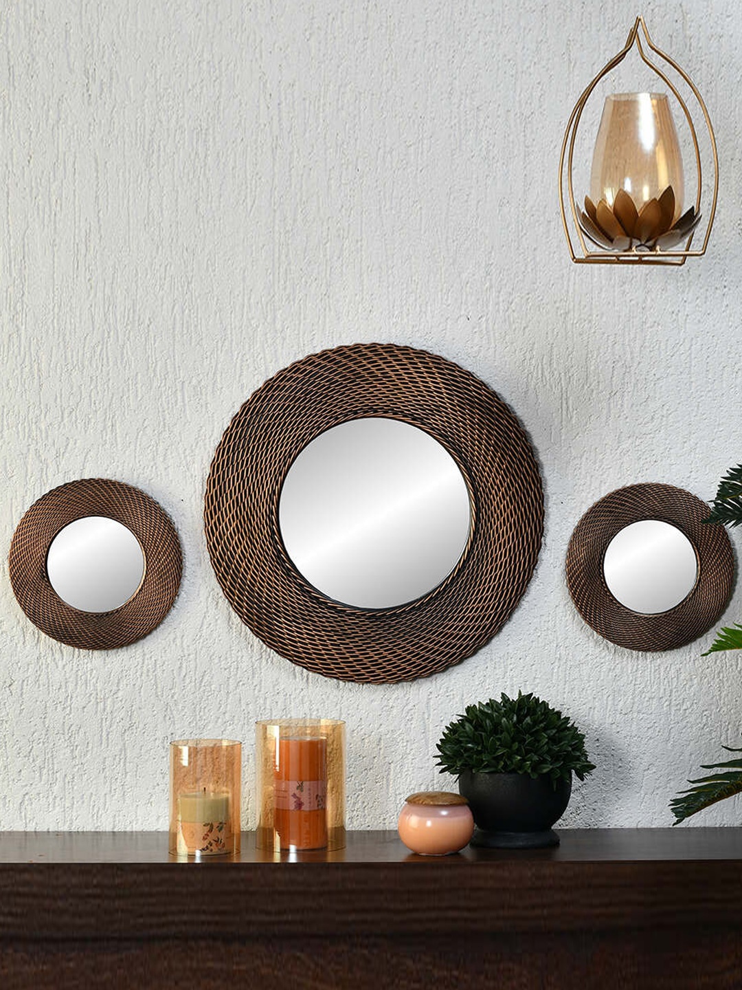 

Athome by Nilkamal 3PCs Brown Round Decorative Wall Mirror