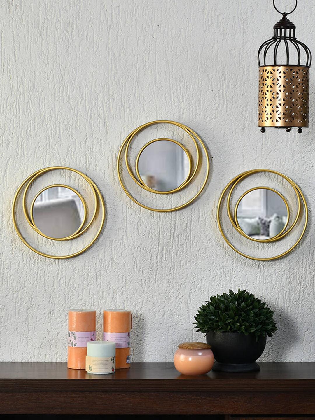 

Athome by Nilkamal 3PCs Yellow Round Decorative Wall Mirror, Gold