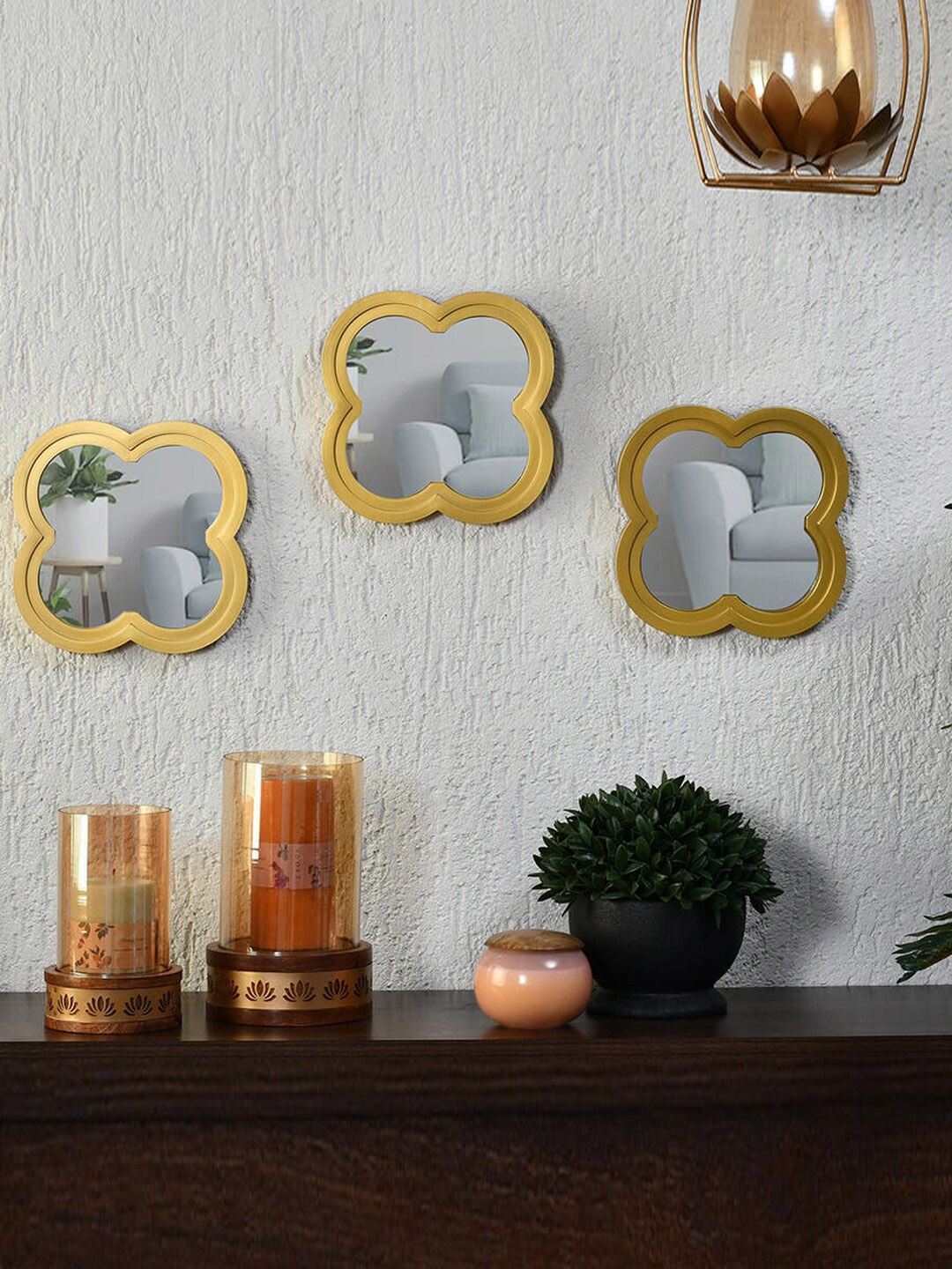 

Athome by Nilkamal 3PCs Yellow Mughal Decorative Wall Mirrors, Gold
