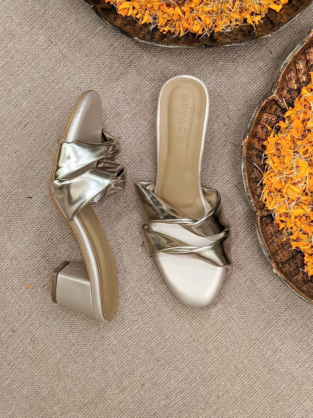 

Devano Twisted Twin Strap Block Heels, Gold