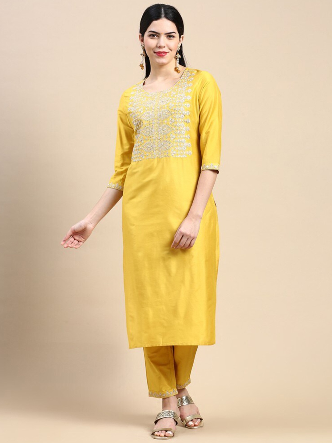 

Styli Mustard Yellow Ethnic Motifs Yoke Design Sequined Zari Kurta with Trousers