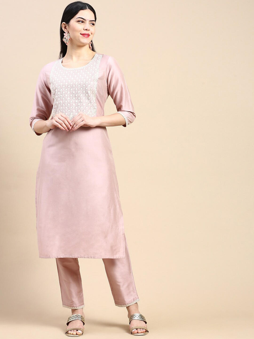 

Styli Pink Ethnic Motifs Yoke Design Sequined Thread Work Kurta with Trousers
