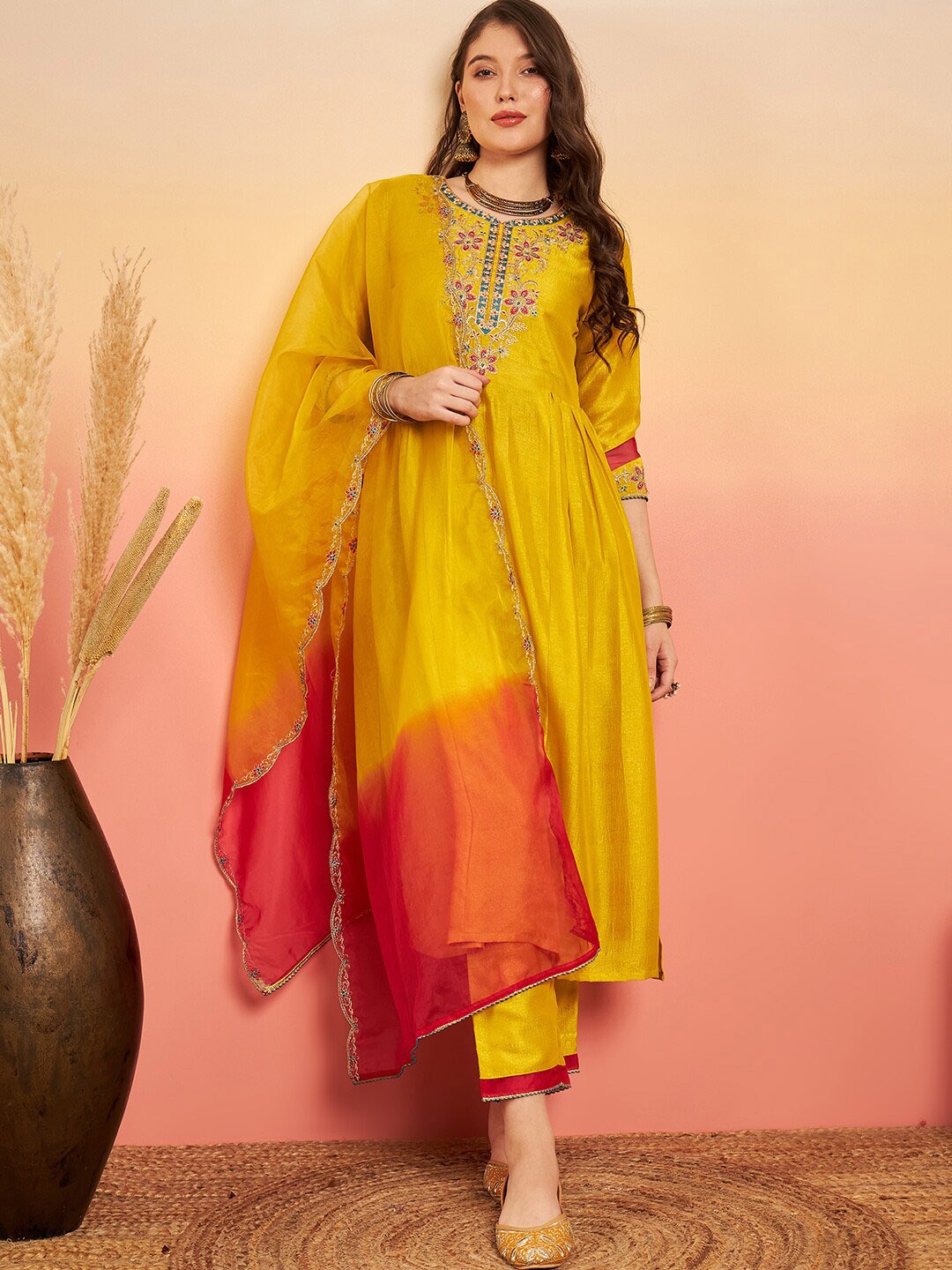

Sangria Yoke Embroidered Straight Kurta Sets, Yellow