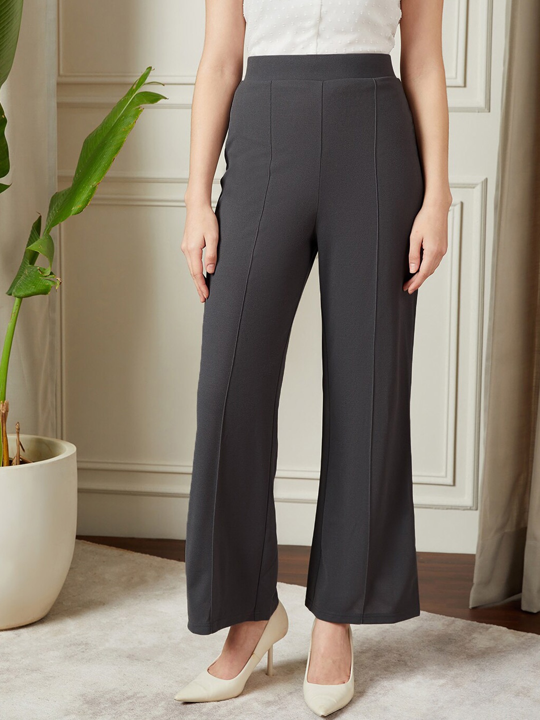 

Berrylush BIZwear Women Grey Relaxed High-Rise Trousers