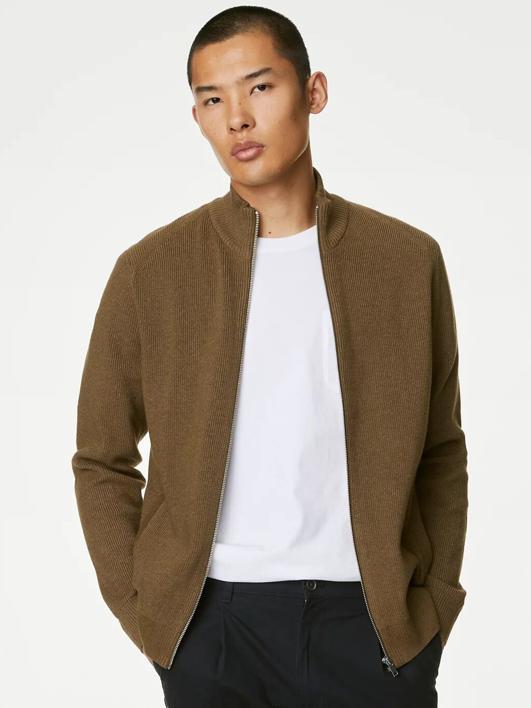 

Marks & Spencer High Neck Front-Open Sweaters, Camel brown