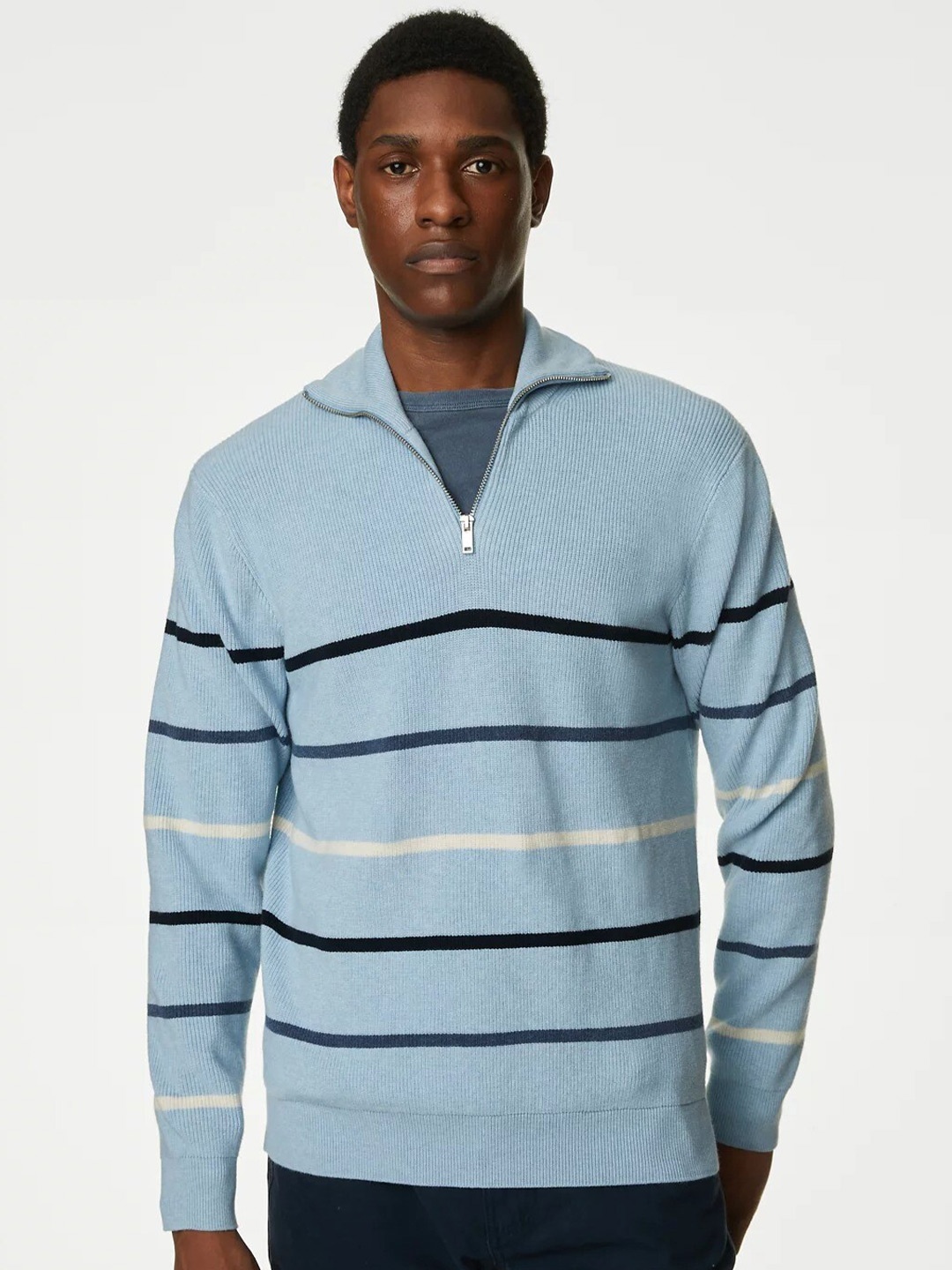 

Marks & Spencer Striped Polo Collar Pullover, Blue