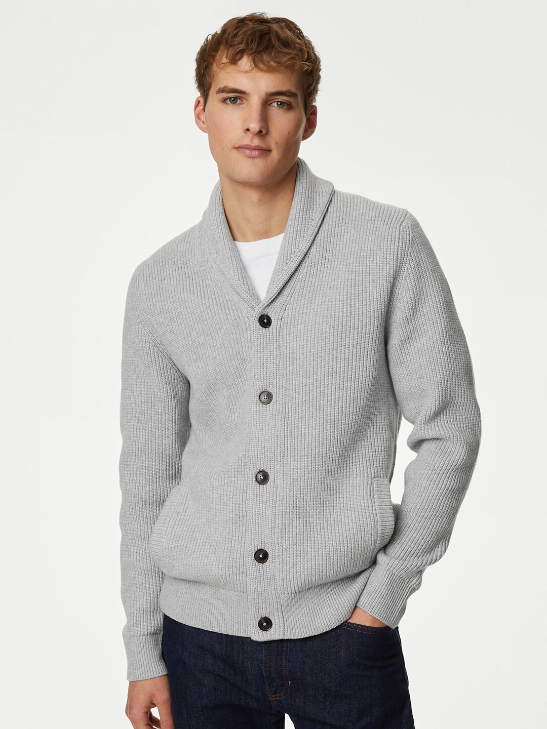 

Marks & Spencer Ribbed Shawl Collar Cardigan Sweater, Grey