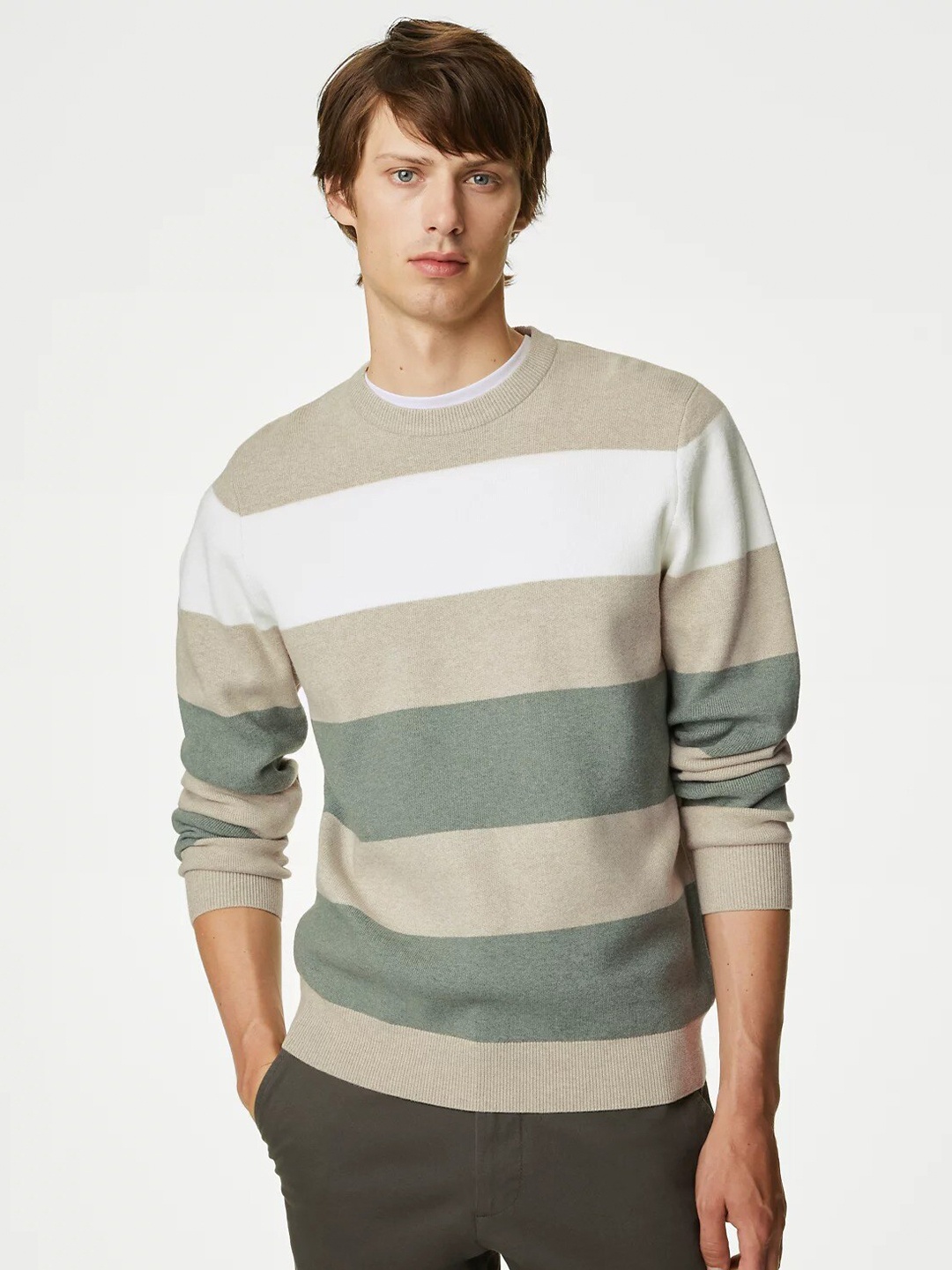

Marks & Spencer Striped Round Neck Pullover Sweater, Beige