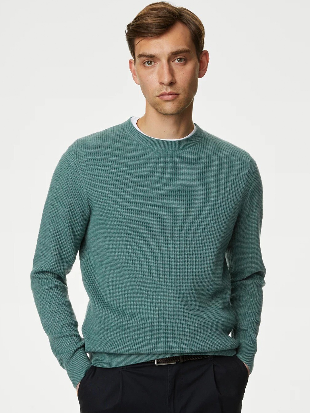 

Marks & Spencer Ribbed Round Check Pullover Sweater, Green