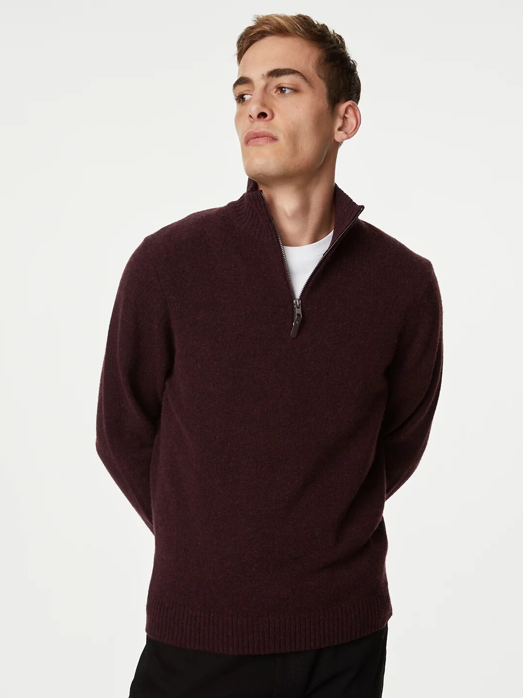 

Marks & Spencer Mock Collar Half Zipper Woollen Pullover Sweater, Burgundy
