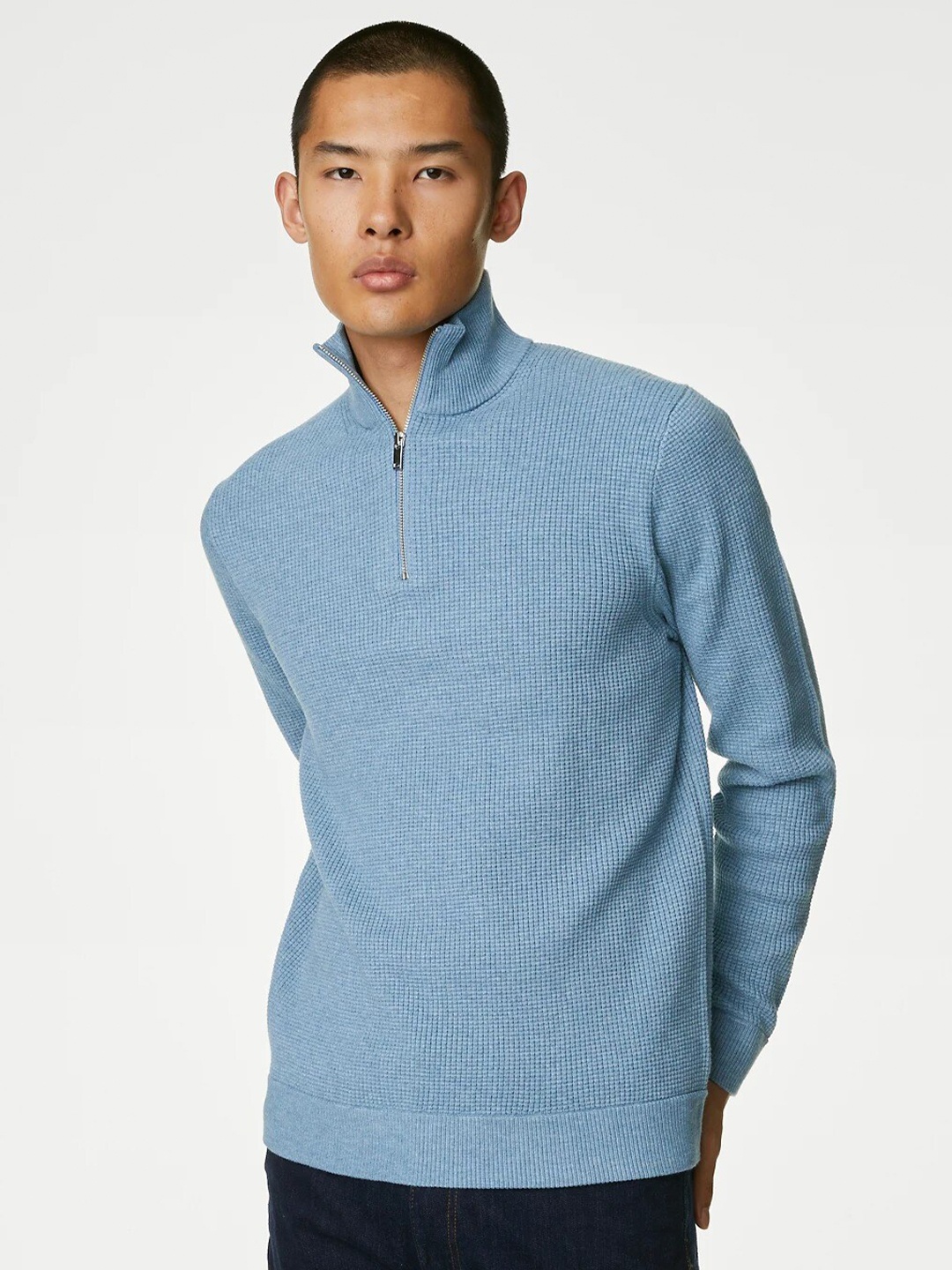 

Marks & Spencer Ribbed Half Zipper Pullover Sweater, Blue