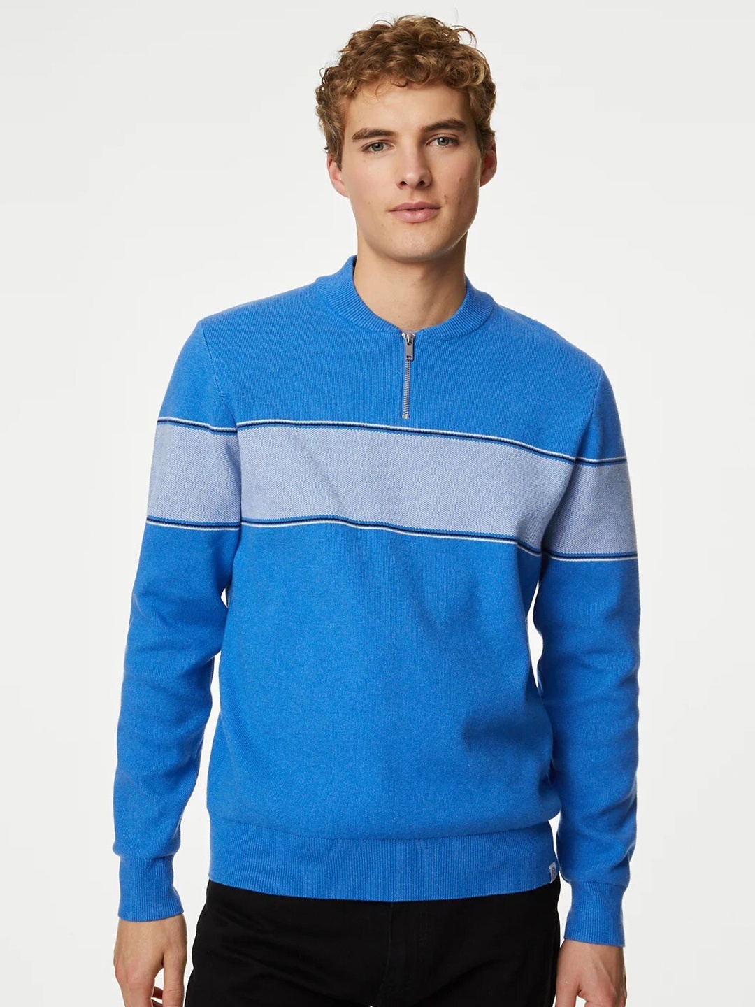 

Marks & Spencer Striped Henley Neck Half Zipper Pullover Sweater, Blue