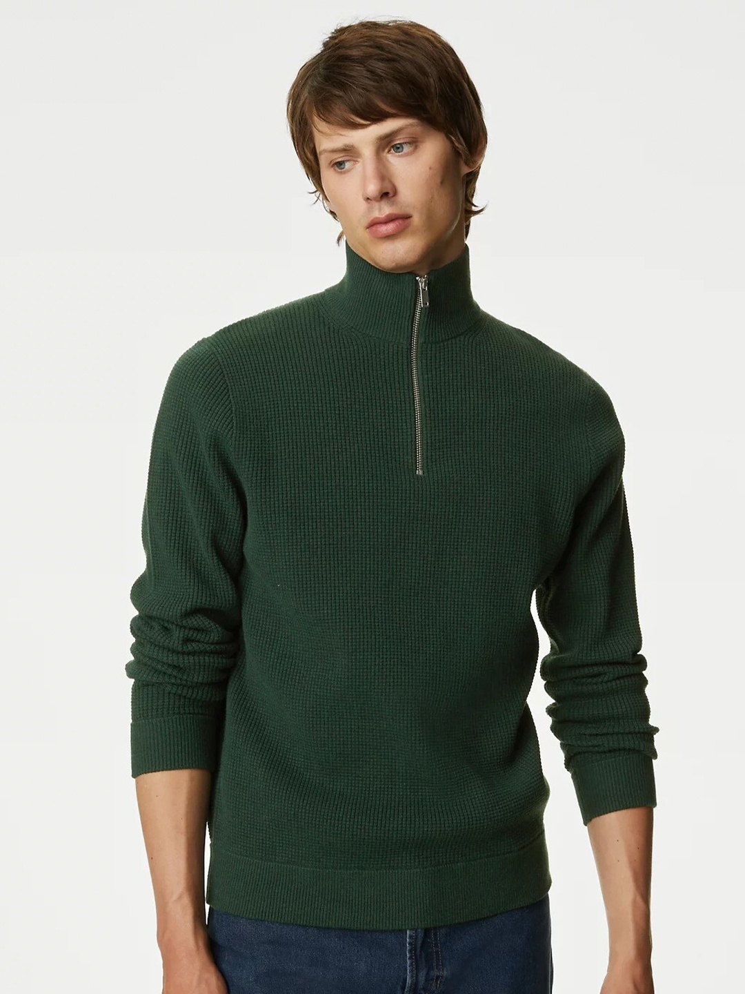 

Marks & Spencer Ribbed Half Zipper Pullover Sweater, Green