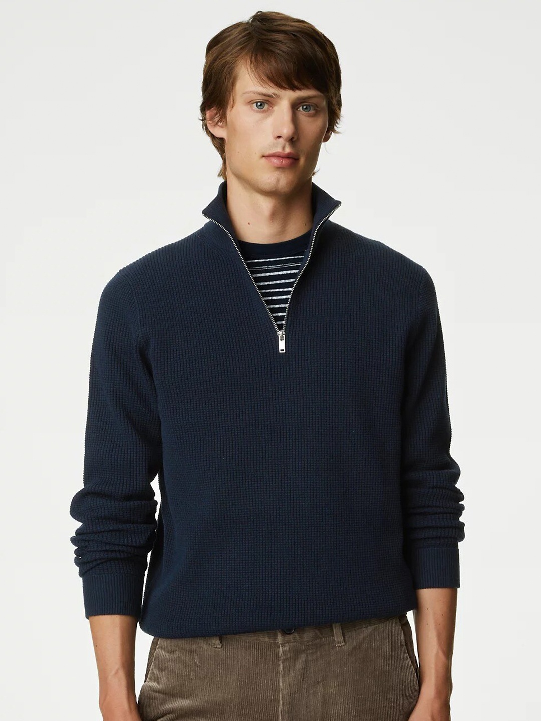 

Marks & Spencer Mock Collar Half Zipper Pullover Sweater, Navy blue