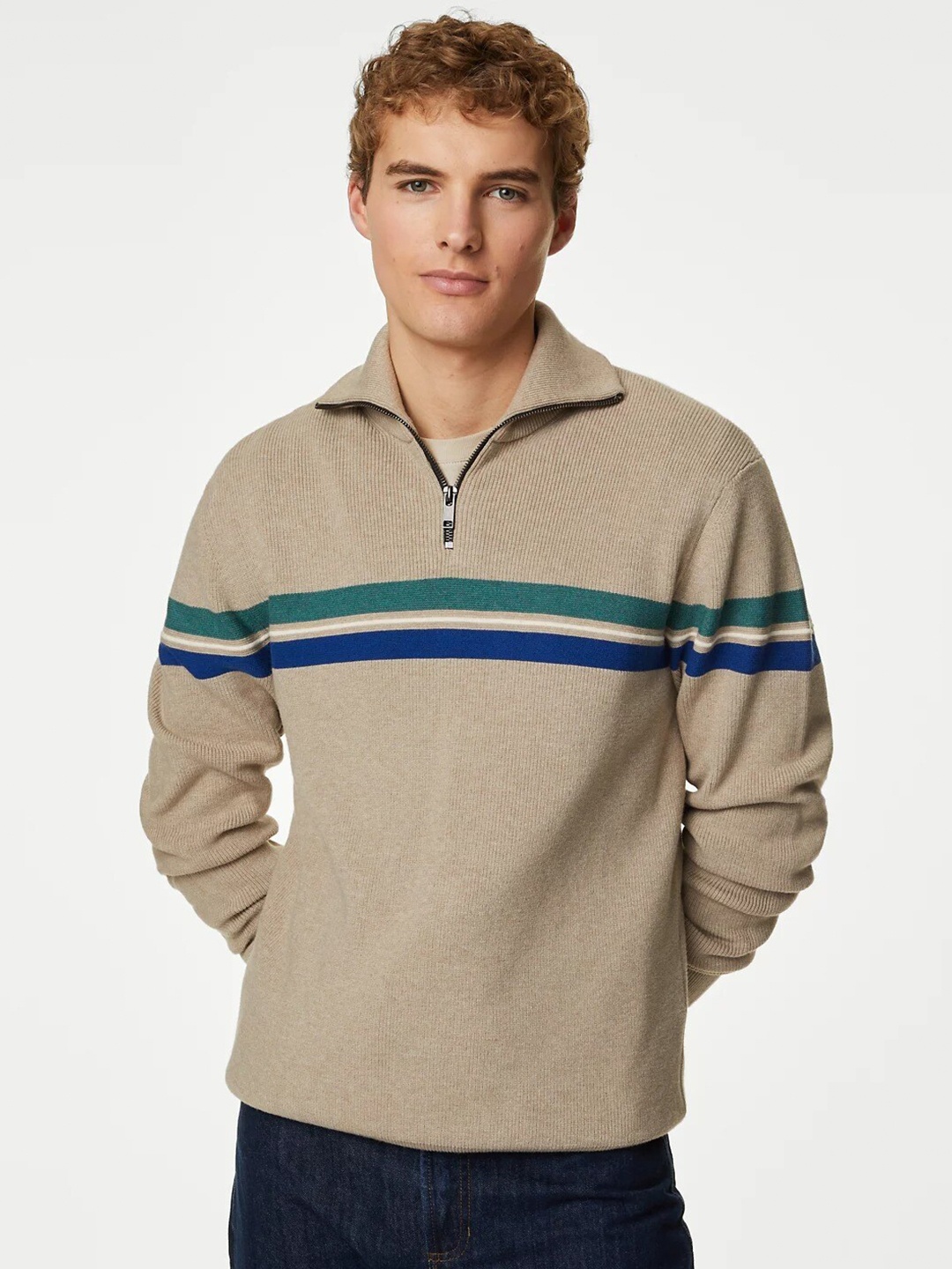 

Marks & Spencer Men Striped Half Zipper Sweatshirt, Beige