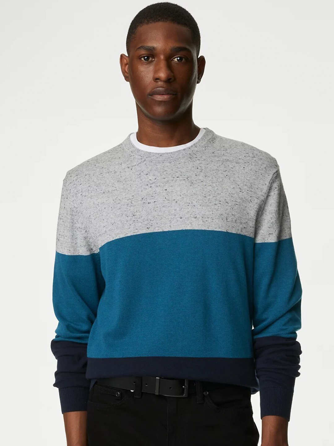 

Marks & Spencer Colourblocked Round Neck Pure Cotton Pullover Sweatshirt, Grey