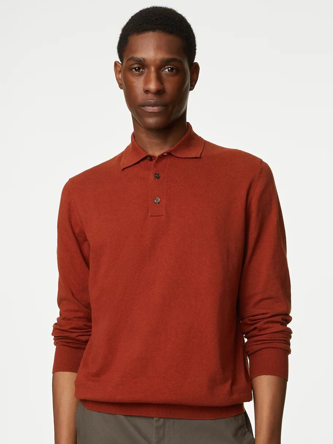 

Marks & Spencer Polo Collar Ribbed Hem Pullover Sweatshirt, Rust