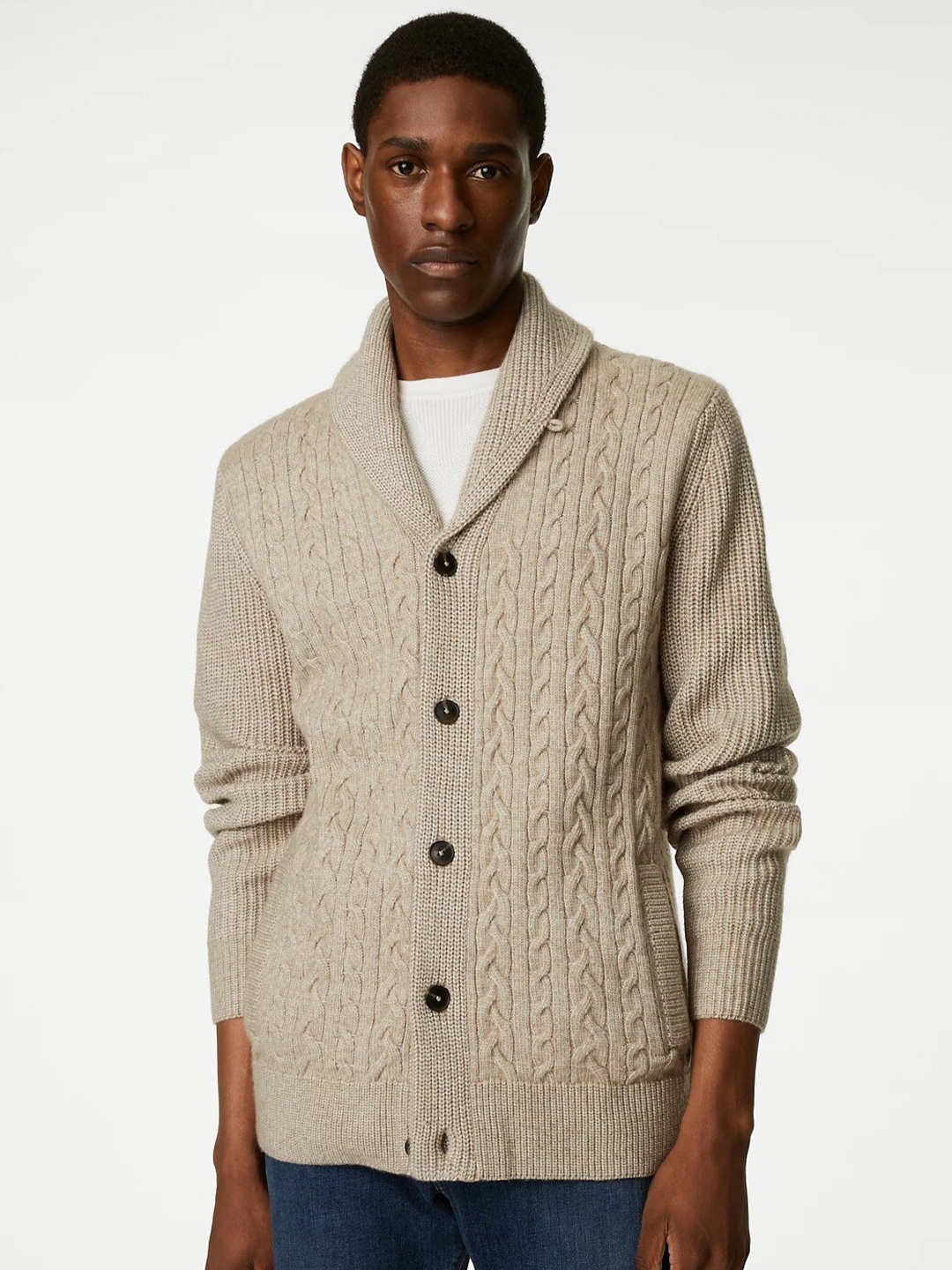 

Marks & Spencer Cable Knit Self Design Shawl Collar Cardigan Sweater, Beige