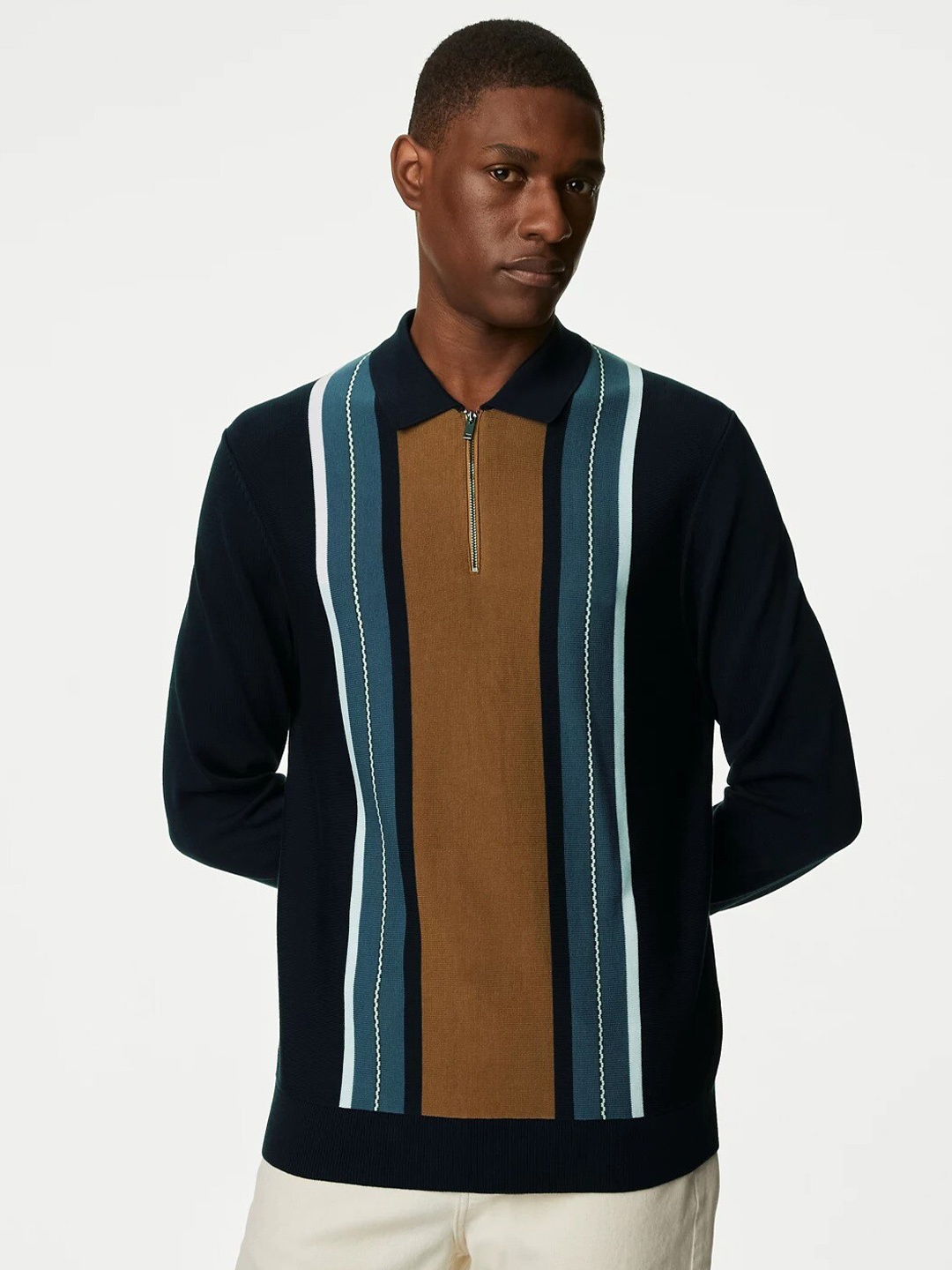 

Marks & Spencer Striped Shirt Collar Half Zipper Pullover Sweatshirt, Navy blue