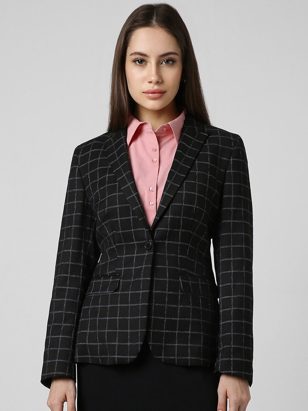 

Van Heusen Woman Women Checked Single Breasted Formal Blazers, Black