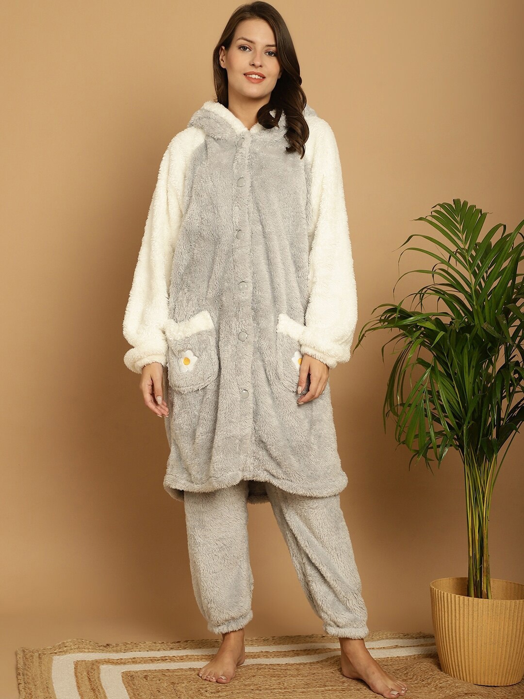 

TAG 7 Colourblocked Hooded Longline Top With Pyjamas, Grey