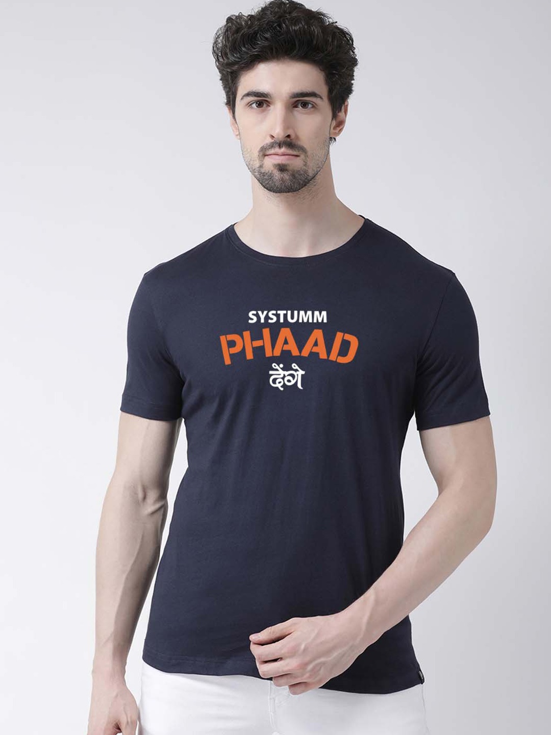 

Friskers Men Navy Blue Typography Printed Pure Cotton Applique Slim Fit T-shirt