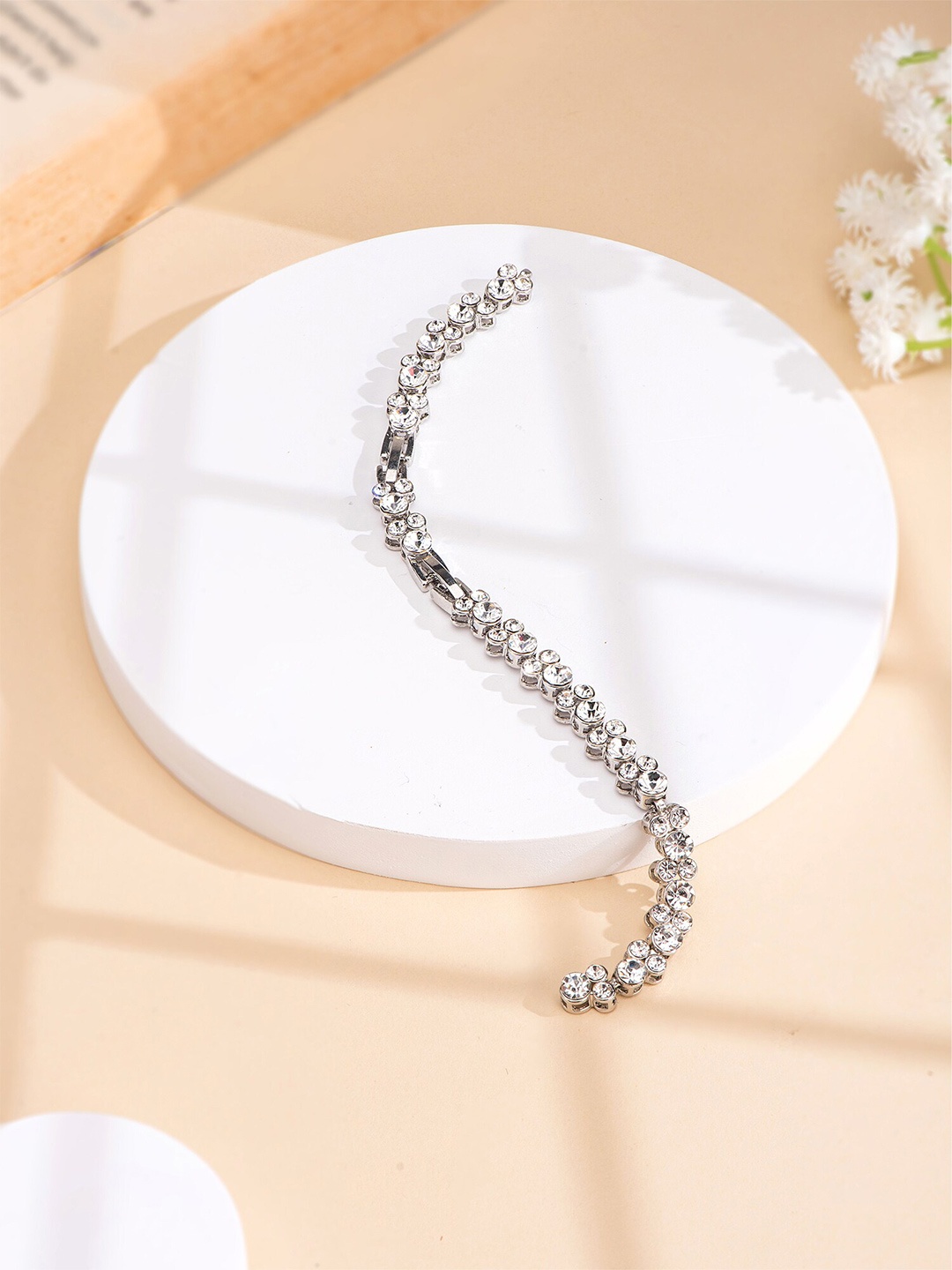 

Yellow Chimes Women Silver-Plated Crystal Studded Link Bracelet
