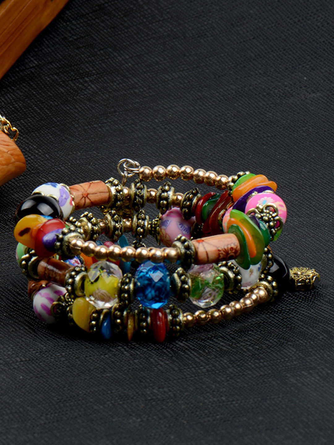 

Yellow Chimes Women Hand Painted Beaded Wraparound Bracelet, Silver