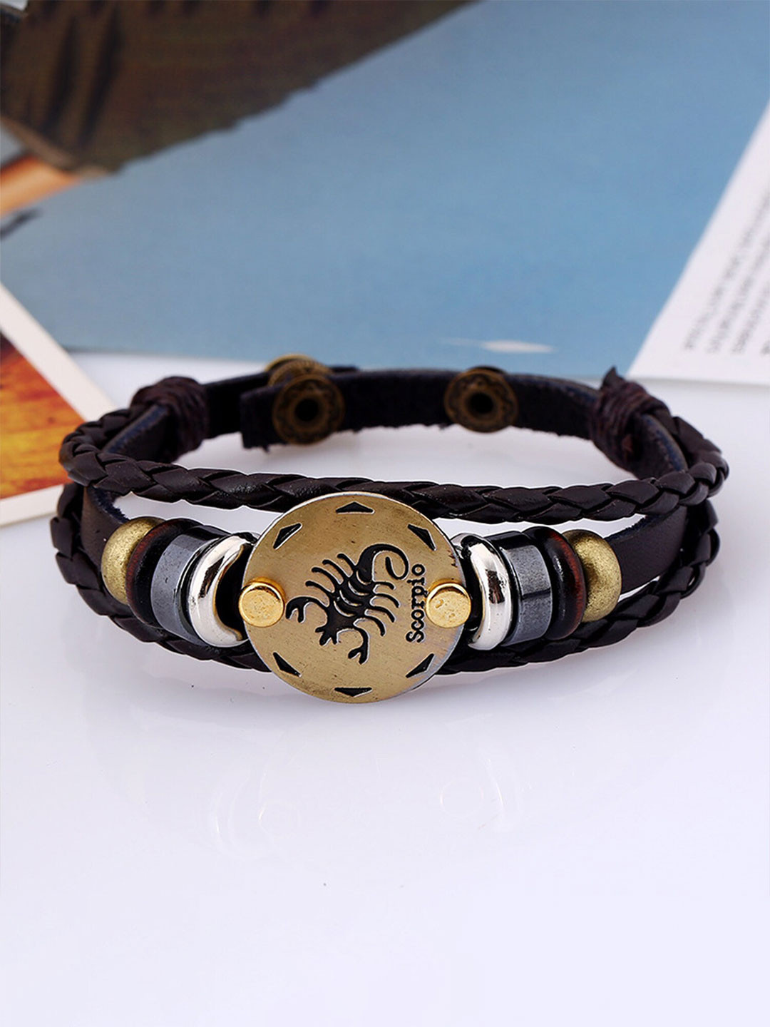 

Yellow Chimes Unisex Brass Scorpio Zodiac Sign Multistrand Bracelet, Brown
