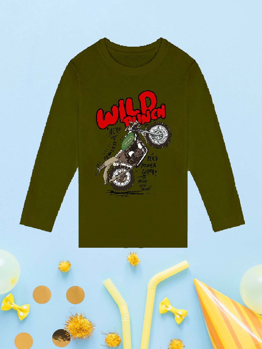 

NUSYL Boys Olive Green Biker Printed Applique T-shirt