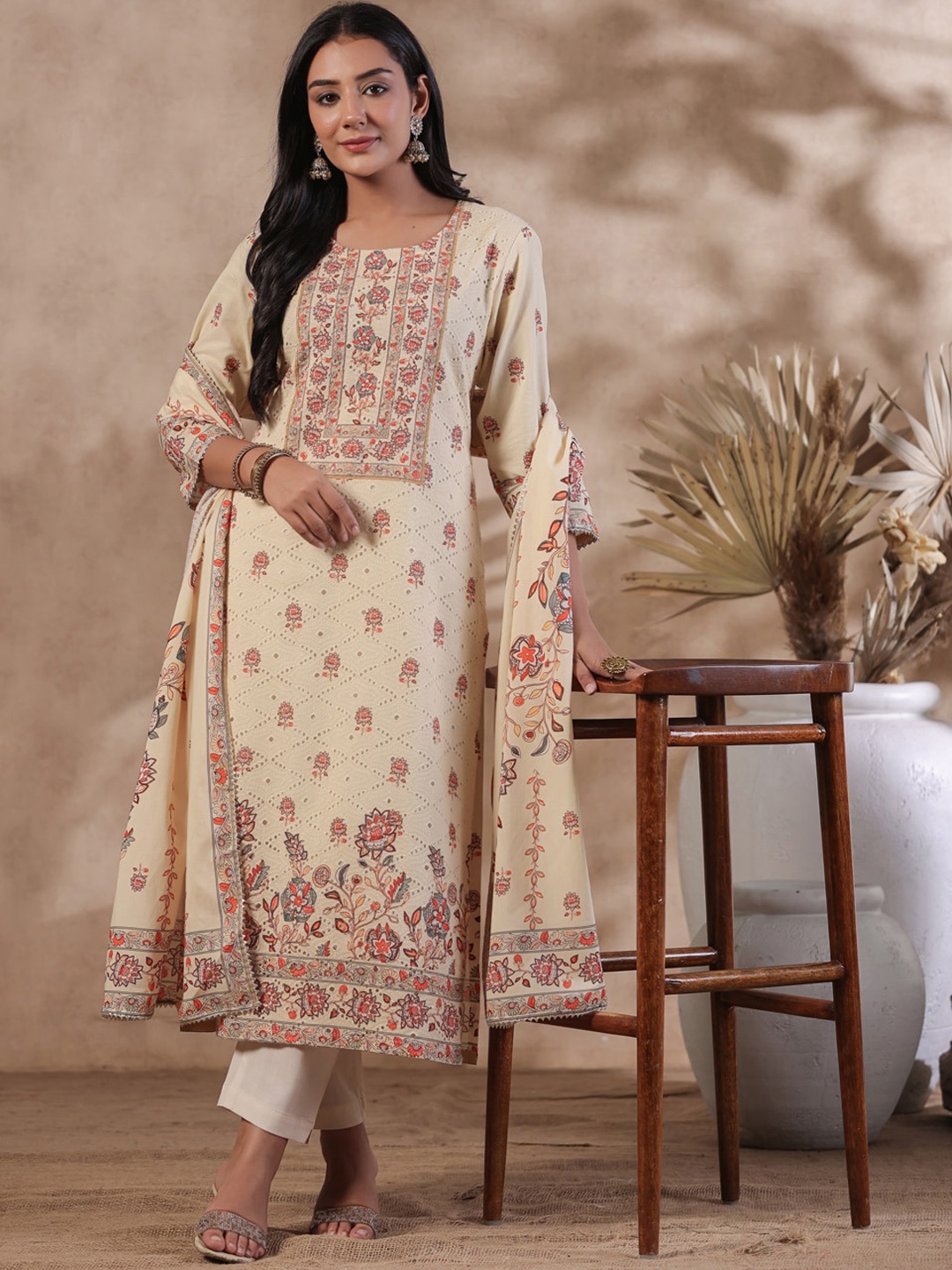

Ishin Floral Printed Pure Cotton Kurta With Trousers & Dupatta, Beige