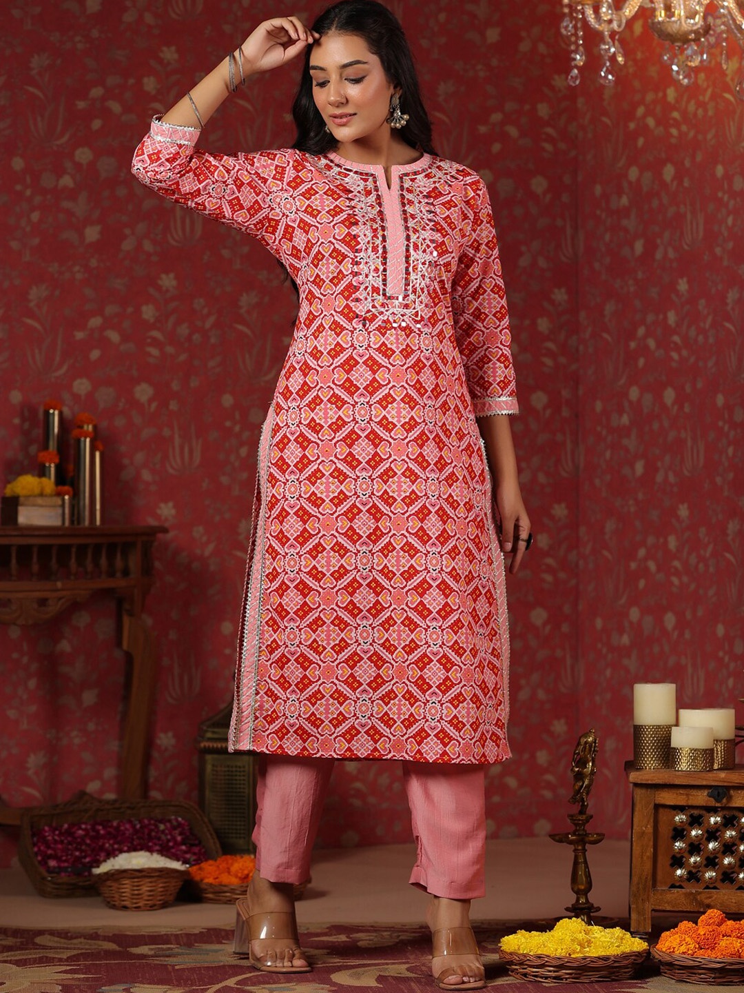 

Ishin Ethnic Motifs Printed Mirror Work Detailed Pure Cotton Straight Kurta, Red