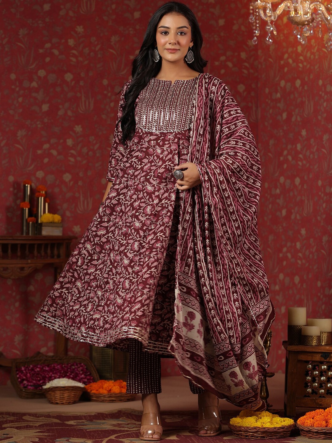 

Ishin Floral Printed Sequinned Pure Cotton Anarkali Kurta With Trousers & Dupatta, Maroon