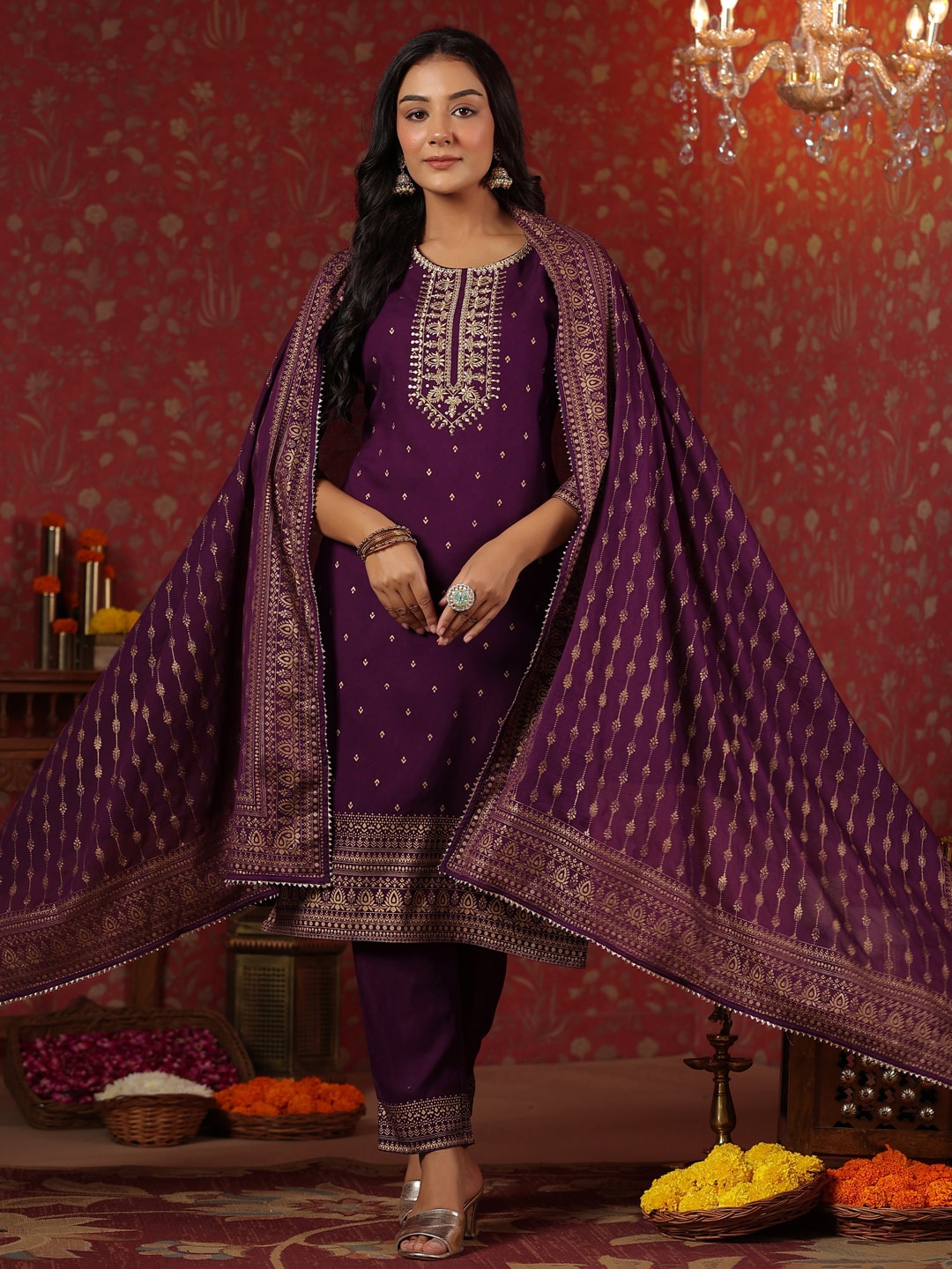 

Ishin Ethnic Motifs Embroidered Sequinned Kurta With Trousers & Dupatta, Purple