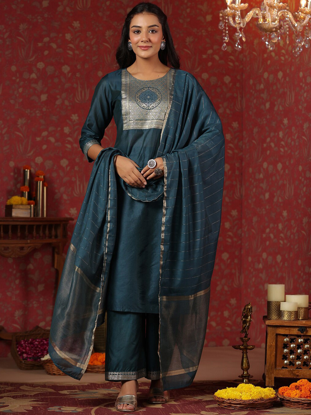 

Ishin Teal Blue Ethnic Motifs Yoke Design Straight Kurta & Trouser With Dupatta