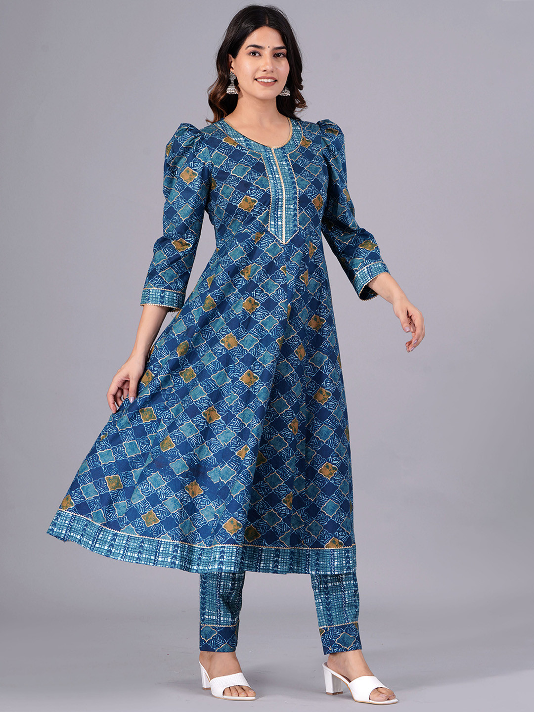 

JAIPURI COLLECTION Ethnic Motifs Printed Gotta Patti Pure Cotton Kurta with Trousers, Blue
