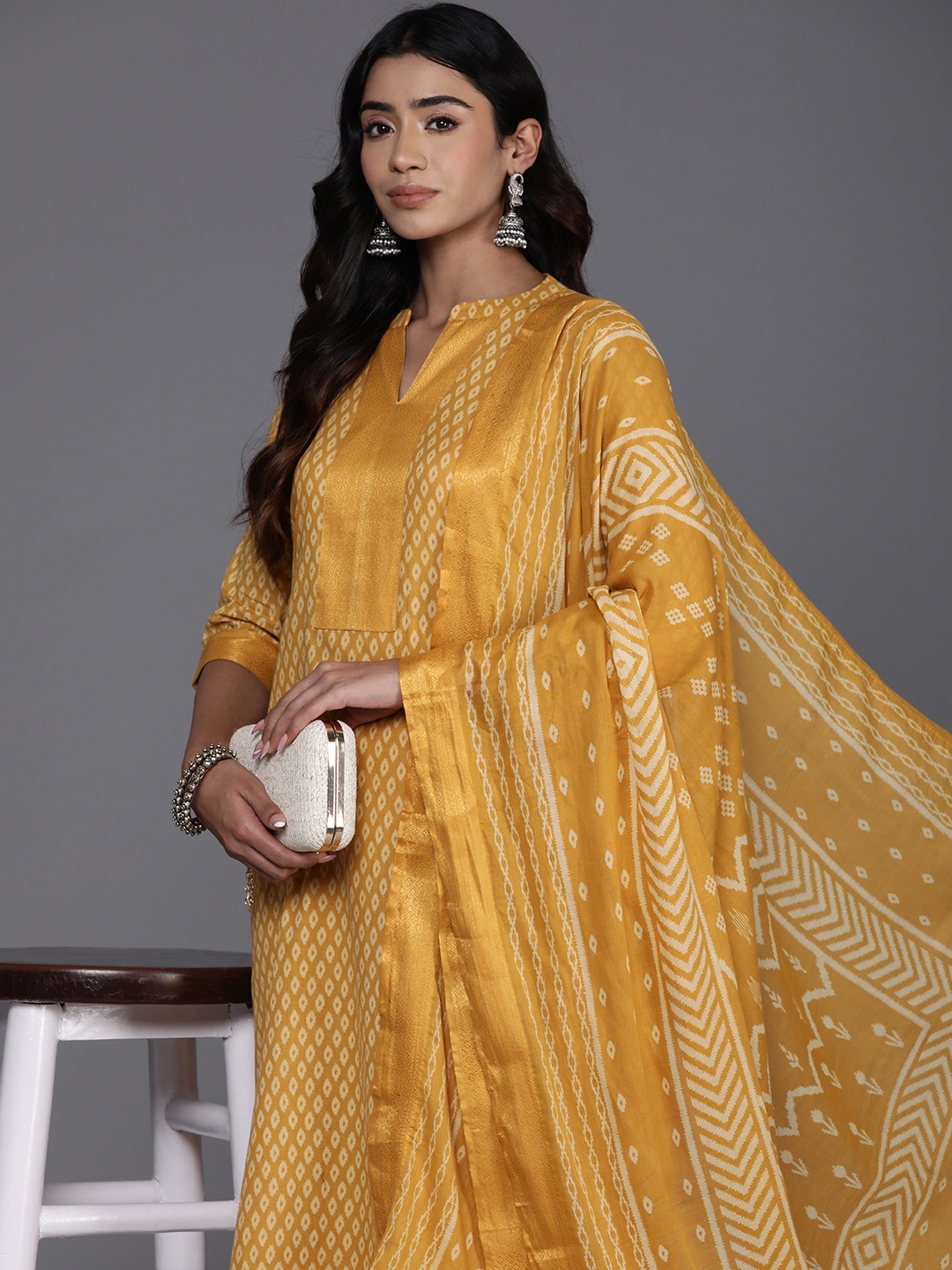 

Libas Printed Pure Cotton Kurta with Trousers & Dupatta, Yellow
