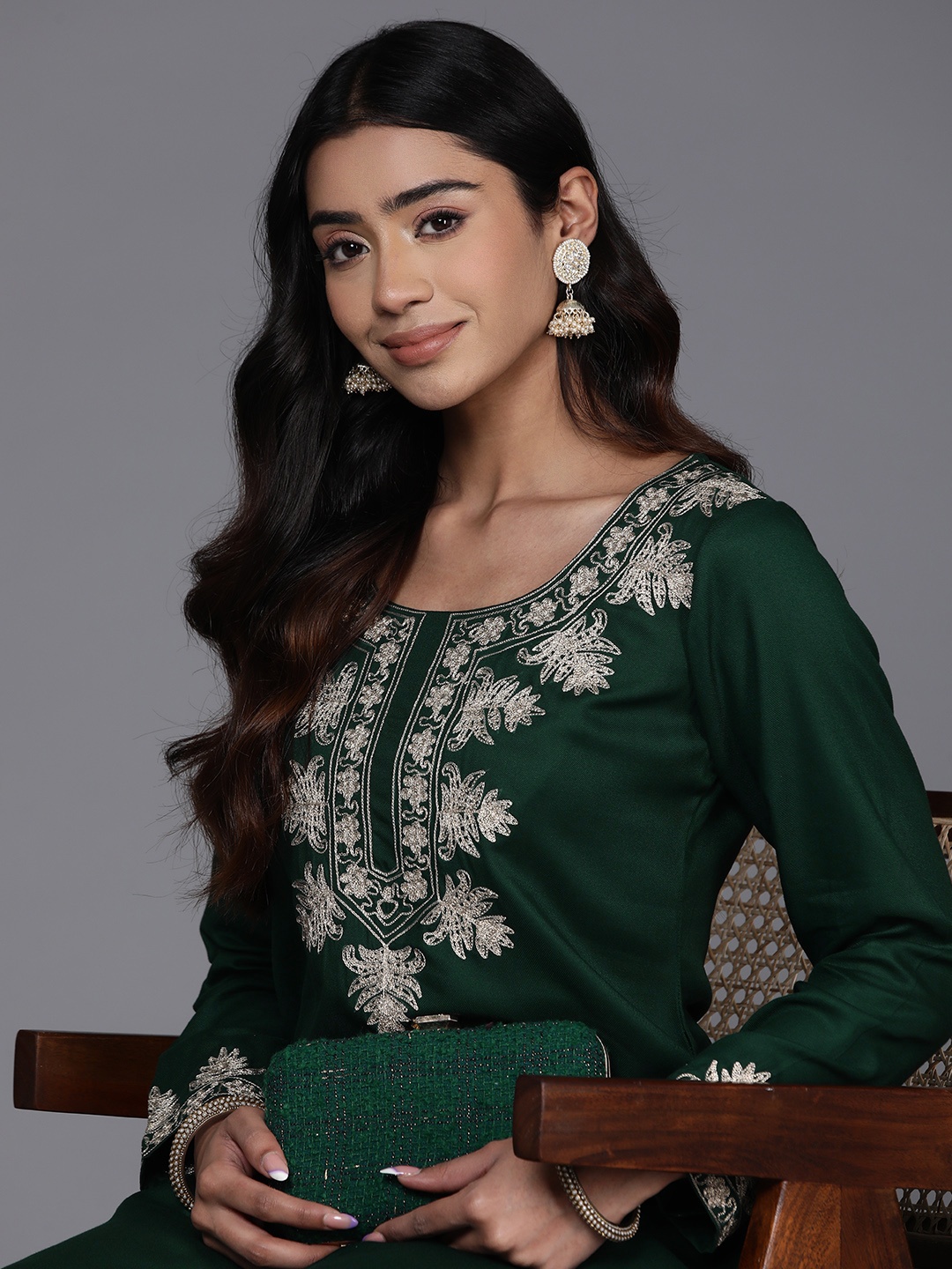 

Libas Floral Yoke Design Thread Work Kurta with Trousers, Green