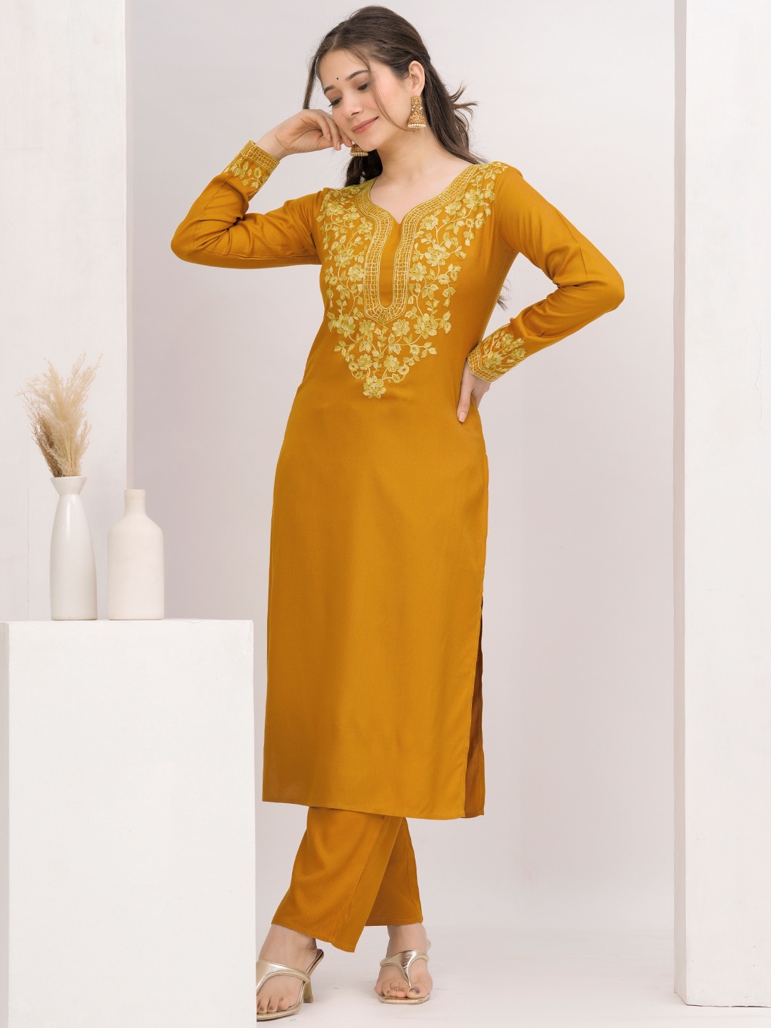

Libas Women Floral Yoke Design Regular Thread Work Kurta with Palazzos, Mustard