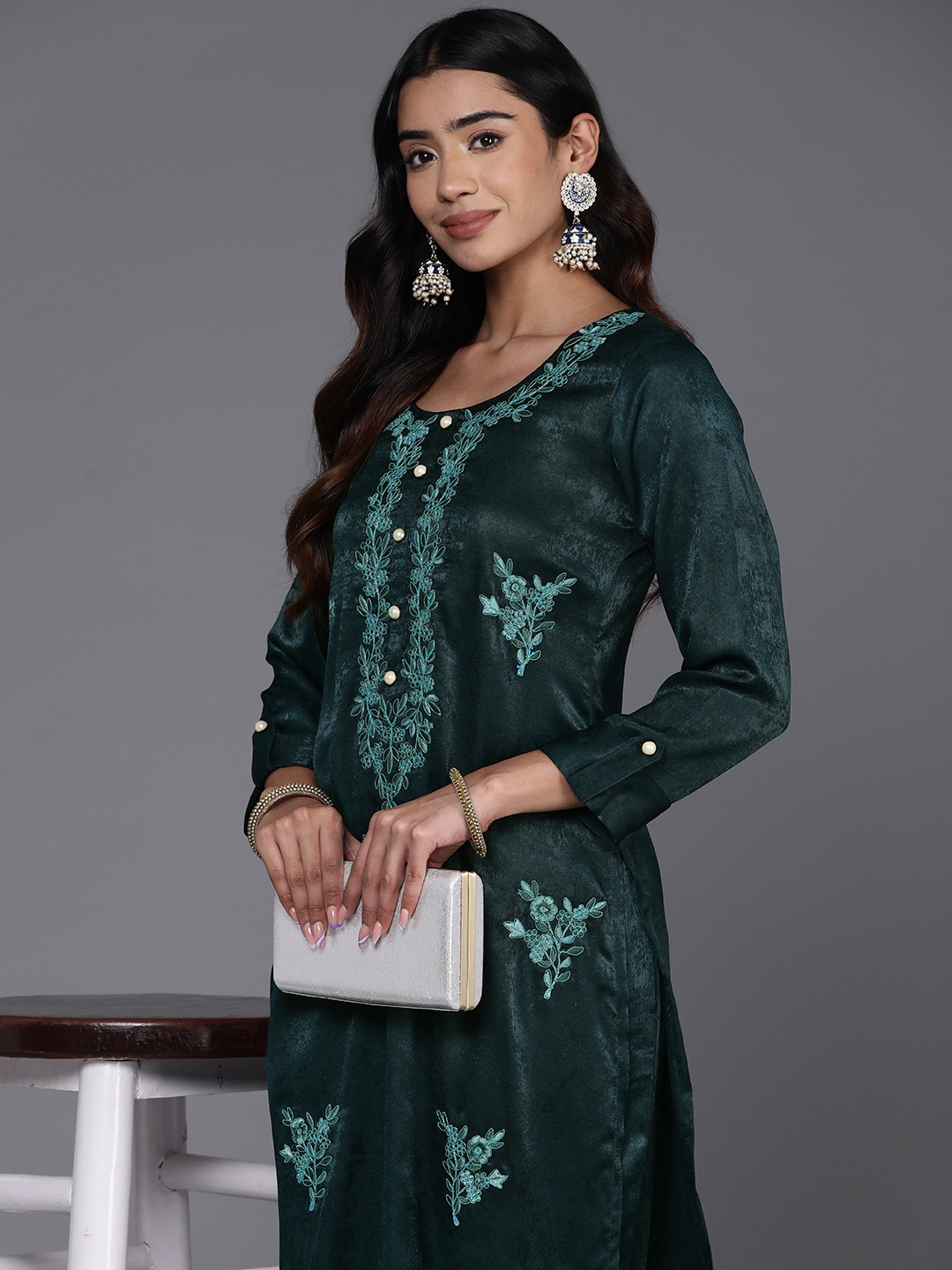 

Libas Women Floral Embroidered Regular Thread Work Kurta with Trousers, Teal
