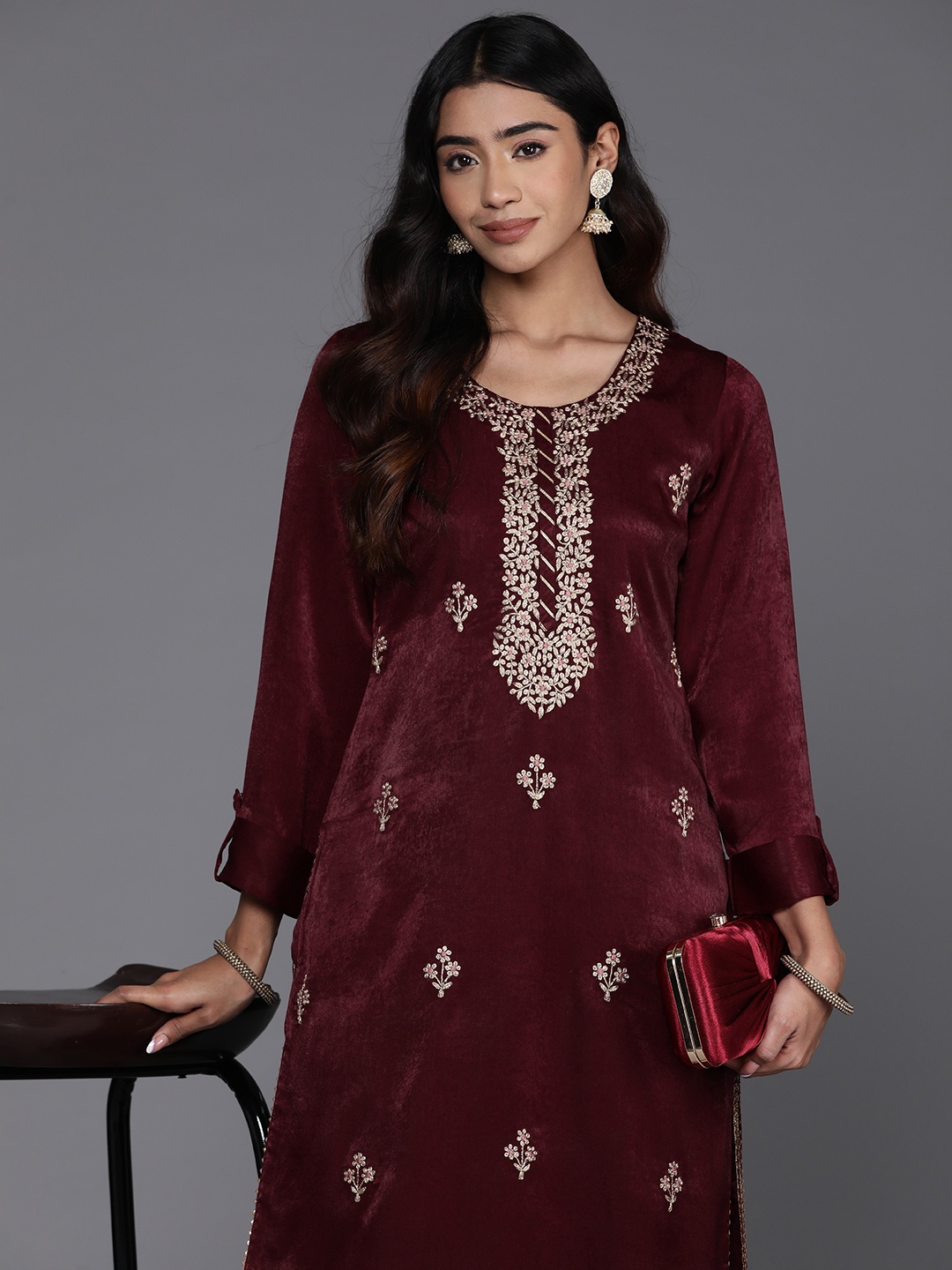 

Libas Women Floral Embroidered Regular Kurta with Trousers, Maroon