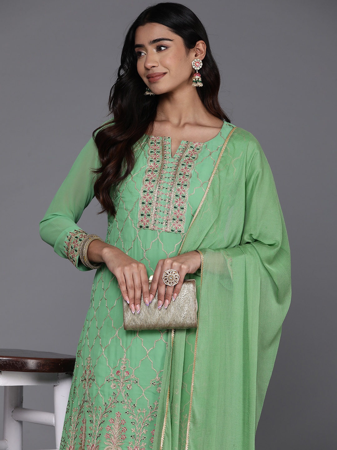 

Libas Women Floral Embroidered Regular Kurta with Palazzos & With Dupatta, Green