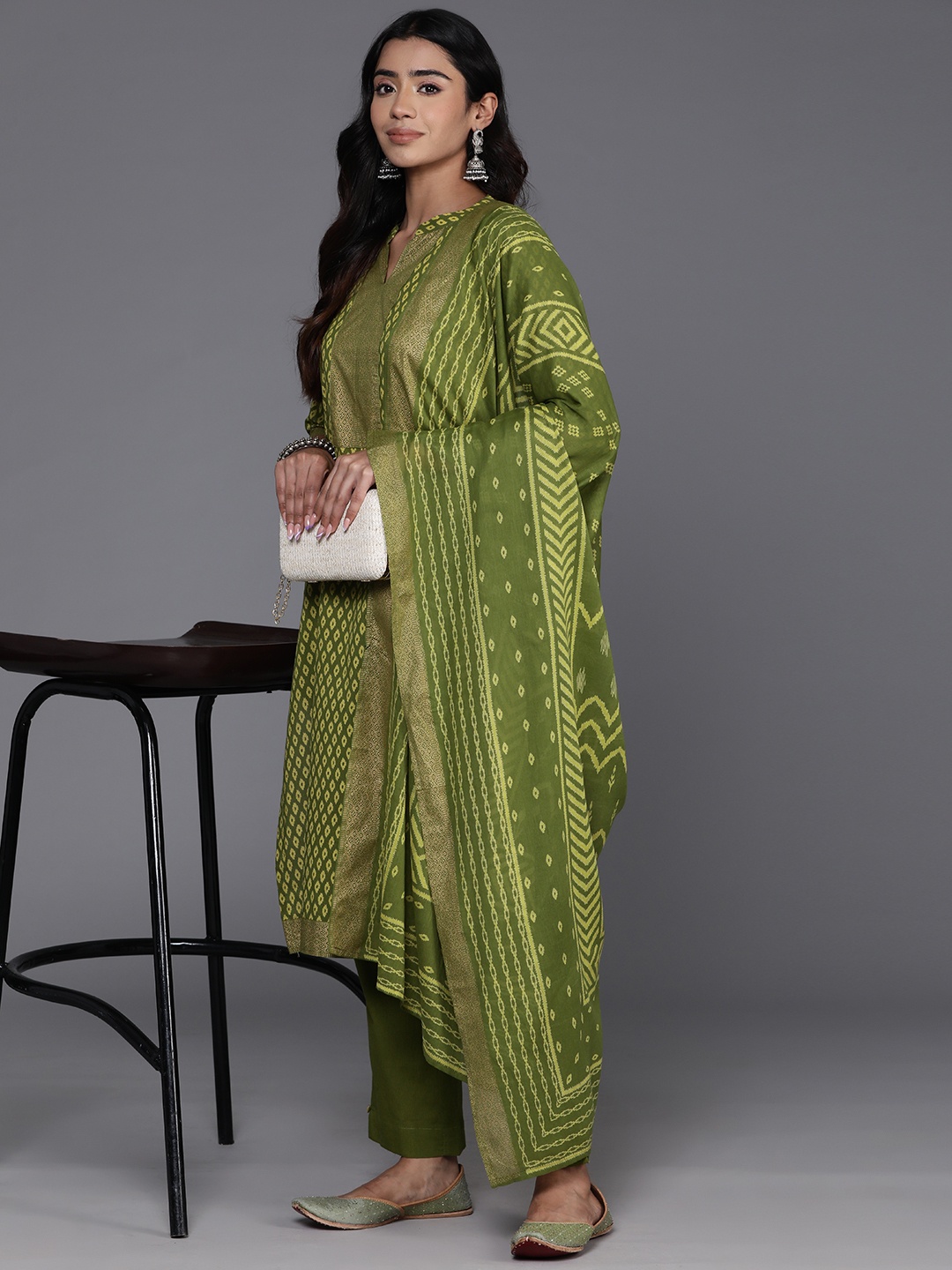 

Libas Printed Pure Cotton Kurta with Trousers & Dupatta, Green
