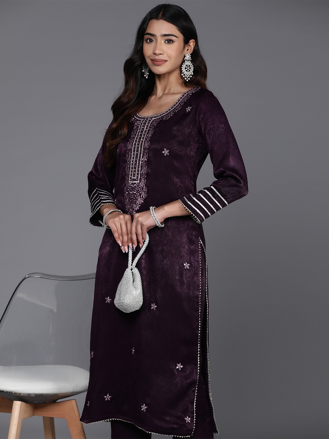 

Libas Floral Embroidered Mirror Work Kurta with Trousers, Purple
