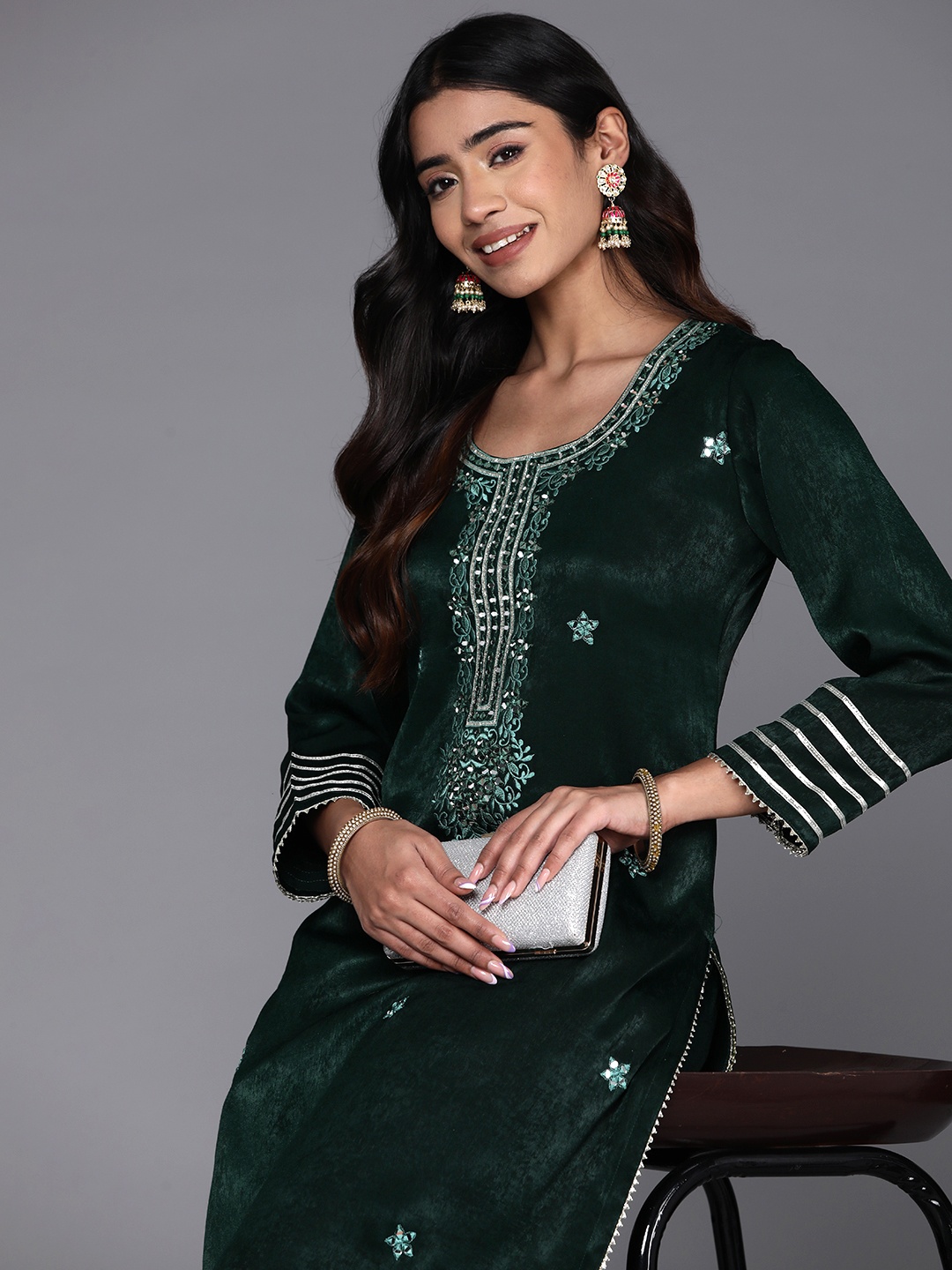 

Libas Floral Embroidered Regular Thread Work Kurta with Trousers, Green