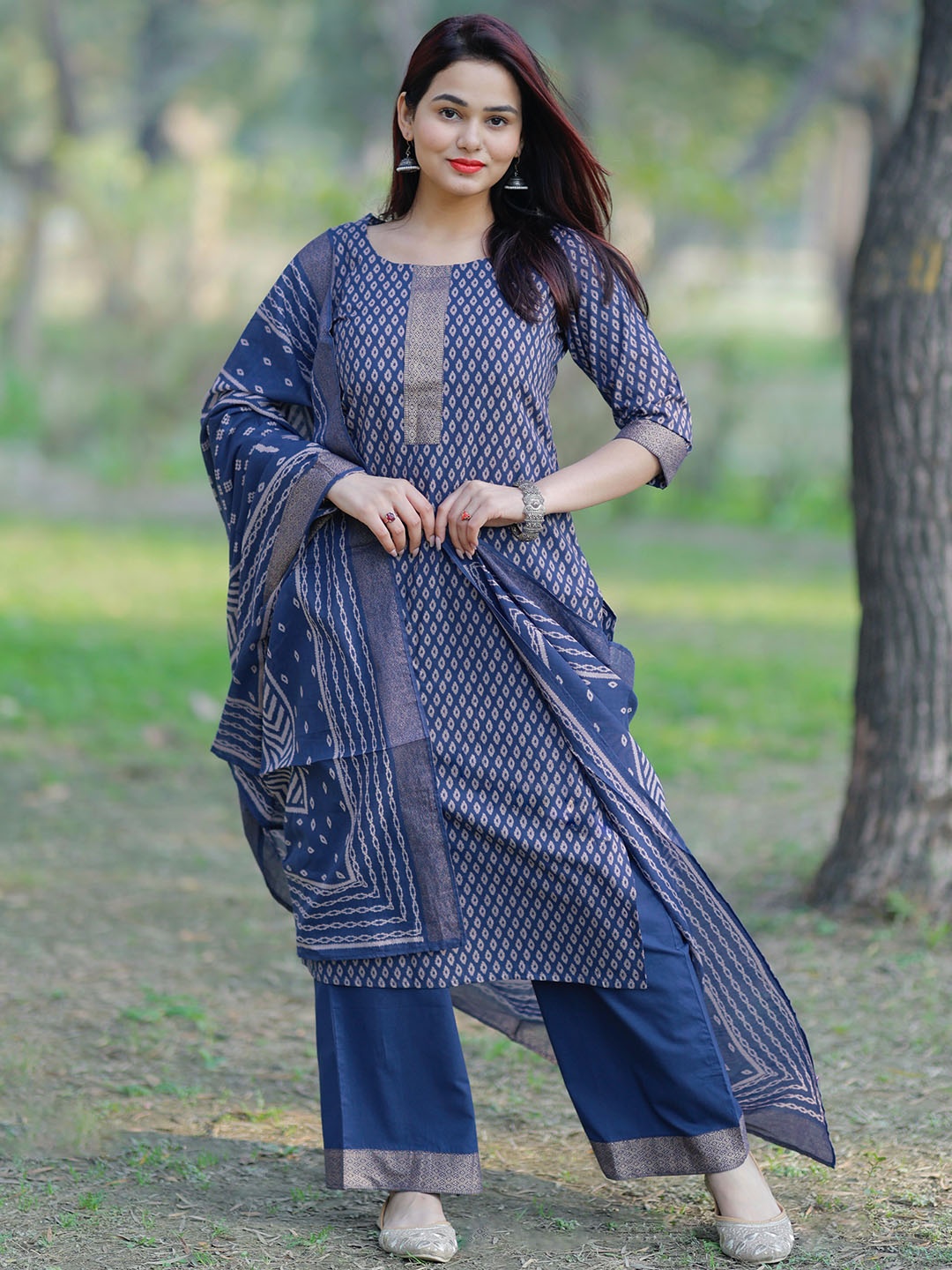 

Libas Printed Regular Pure Cotton Kurta with Palazzos & Dupatta, Blue