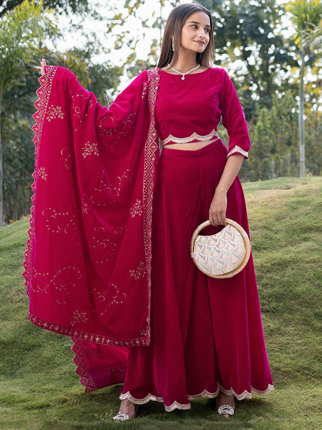 

Libas Crop Top with Palazzos & Dupatta, Fuchsia