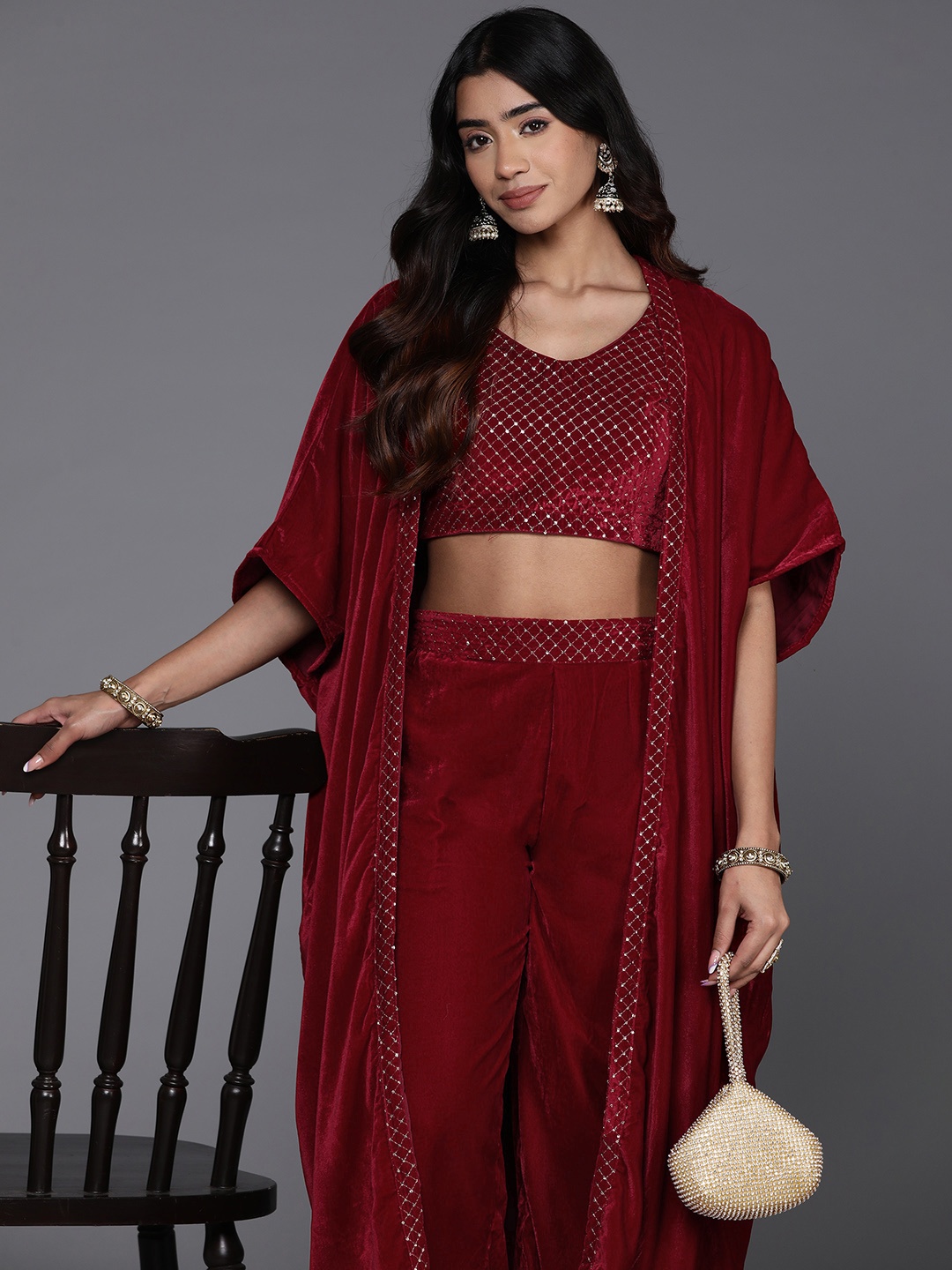 

Libas Embroidered Crop Top with Palazzos & Shrug, Maroon